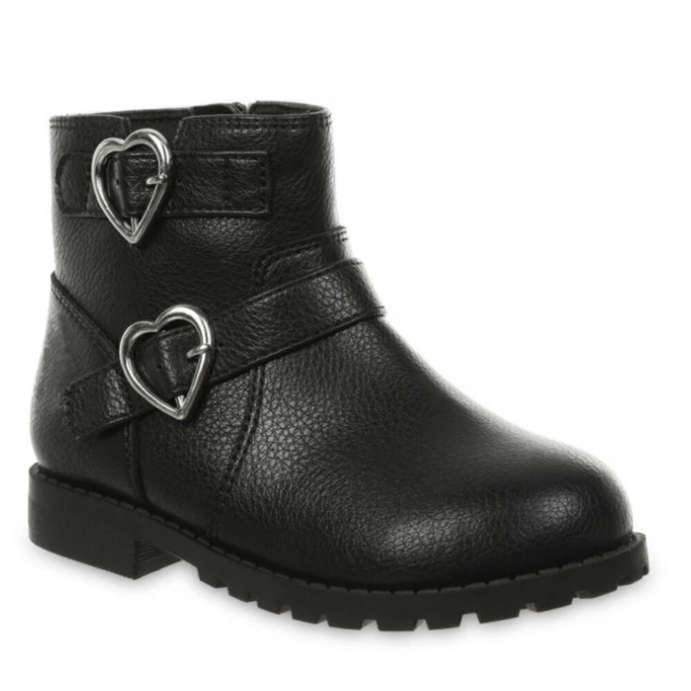 Black Silver Size 8 Kids Girls Lil Natalie Heart Buckled Moto Ankle Boot Bootie - Picture 1 of 11